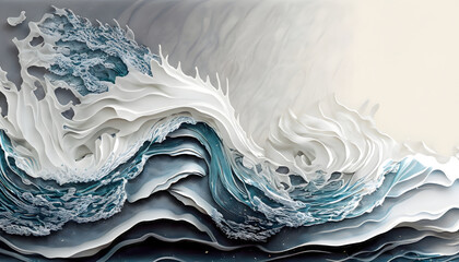 Abstract ocean surf wave navy blue and white, 3D paper overlay clean style with white copy space for background, banner.