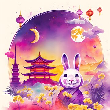 clipart hand painted watercolor vectors cosmic violet background sharp focus highly detailed Rabbit Chinese New Year Bright Red Celebration Colorful Confetti behind Cute Cheerful Disney style Moon 