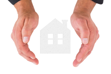 Digital png photo of hands over white house model on transparent background