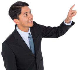 Digital png photo of caucasian businessman pointing finger on transparent background