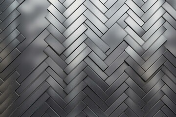 Luxurious wall made of polished 3D tiles arranged in a herringbone pattern on a silver background. Rendered in 3D. Generative AI - obrazy, fototapety, plakaty