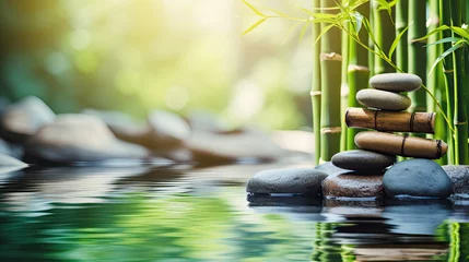Photo sur Plexiglas Spa States of mind, meditation, feng shui, relaxation, nature, zen concept. Bamboo, rocks and water 
