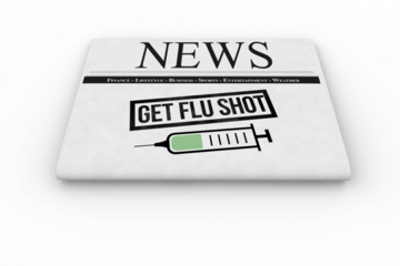Digital png illustration of newspaper with get flu shot text on transparent background