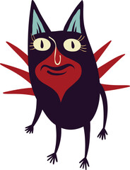 Funky funny cat with wings and strange face . Vibrant Halloween character. Cartoon illustration