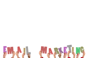 Digital png illustration of hands holding email marketing text on transparent background