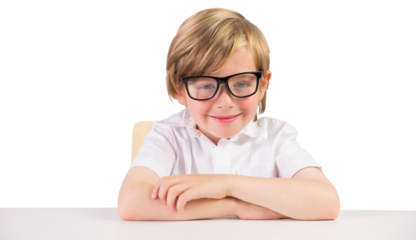 Digital png photo of happy caucasian schoolboy with glasses on transparent background