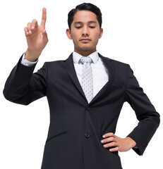 Digital png photo of caucasian businessman pointing finger on transparent background
