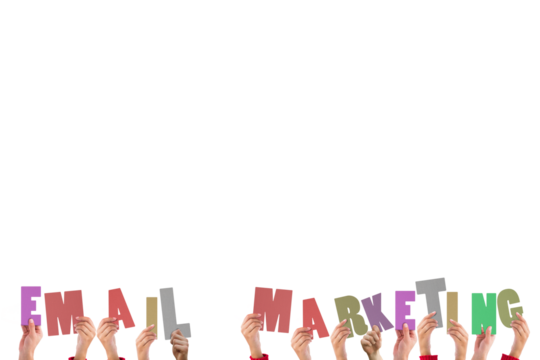 Digital png illustration of hands holding email marketing text on transparent background - Powered by Adobe