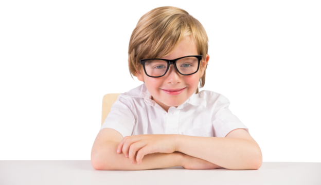 Digital png photo of happy caucasian schoolboy with glasses on transparent background