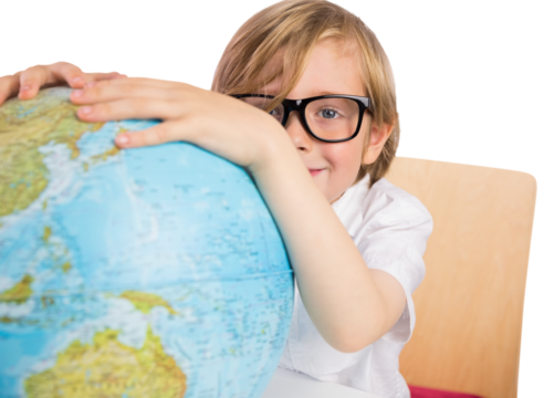 Digital png photo of happy caucasian boy with globe on transparent background