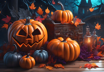 Orange pumpkin background with scary face. Decorate with chests, lanterns, trees, and castles for Halloween.