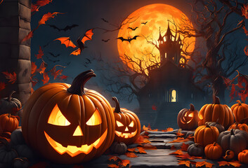 Background of orange pumpkins with scary faces decorated with trees, castles, and black bats for Halloween.