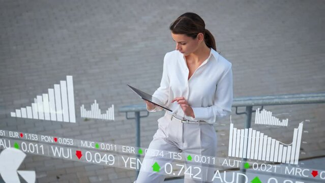 Woman model in white checks current stock market and financial prices on tablet on outdoor steps. Concept female empowerment career in financial sector. Digital overlays animations