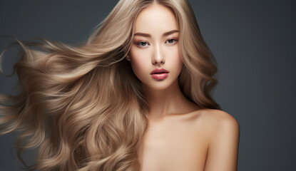 Naklejka premium Beautiful Asian woman with long hair on a solid background