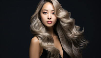 Fototapeta premium Beautiful Asian woman with long hair on a solid background