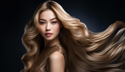 Fototapeta premium Beautiful Asian woman with long hair on a solid background
