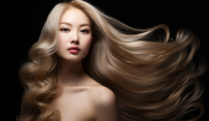 Fototapeta premium Beautiful Asian woman with long hair on a solid background