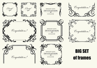 Set of ornate vector frames in chemise style and ornaments with sample text. Perfect as invitation or announcement. All pieces are separate. Easy to change colors and edit.