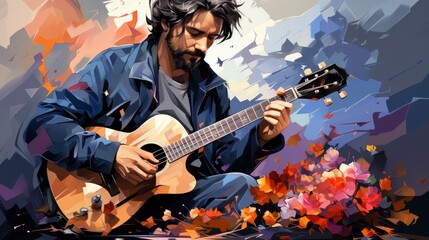 Obraz premium Colorful Man Hobbies e.g. painting playing musical , Cartoon Graphic Design, Background HD For Designer