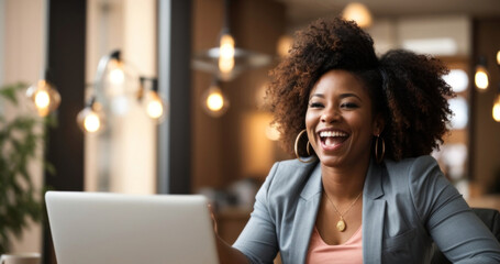 Black businesswoman shows expression of extreme joy while sitting at work, AI generated