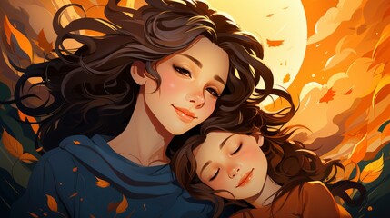 Colorful MOTHER is hugging her child cartoon, Cartoon Graphic Design, Background HD For Designer