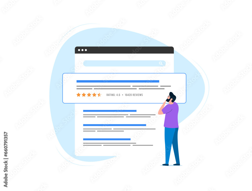 Wall mural review snippets concept. serp features and rich snippets based on customer reviews. man studies sear