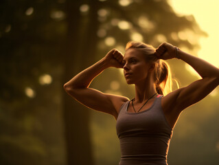 sporty woman engages in a morning warm-up outdoors, in the park, breaking a sweat as she prepares for her workout. The scene radiates a sense of relaxation and readiness for physical activity.
