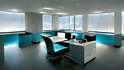 Fototapeta na wymiar clean large modern office environment modern desks and chairs coworking space neon lighting computer monitors on desks symmetrical colored downlights modern furniture creative office no people light 