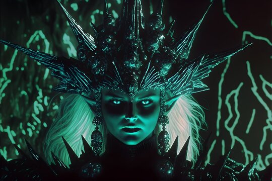 stillframe from Legend of Zelda as liveaction film evil beautiful sorceress spiky crystal helmet crystal caverns Darkfantasy 1987 neon lights 