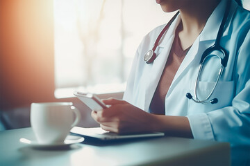 Woman doctor wearing stethoscope and using smart phone while in coffee break.