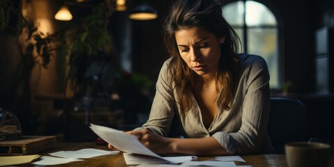 stressed young woman is reviewing her bills, generative AI