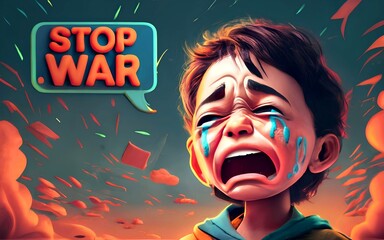 Illustration of a kid crying being victim by war from colonialism, child abuse 
and human rights issue. Social justice for woman and children as resistance in homeland to get independence freedom.