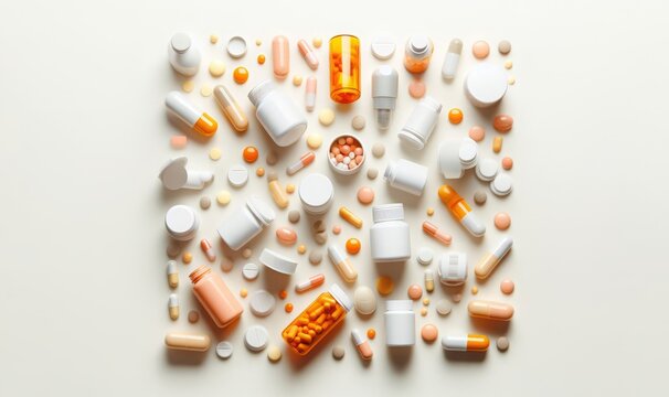 Set of scattered capsules on a white background. capsule bottles isolated on white background, capsule pharmacy bottle pill drug concept