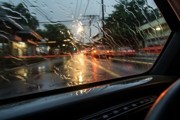 Rainy Thailand seen through a wet windshield with a bright dashboard. Generative AI