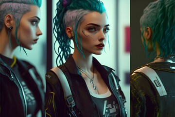 stills from the animated series EmJay about a female artifical intelligence student being bullied by humans in the style of cyberpunk 2077 edgerunners  - obrazy, fototapety, plakaty