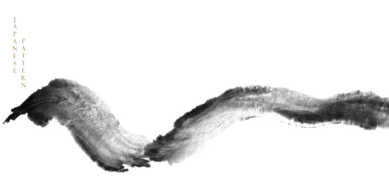 Black brush stroke texture with Japanese ocean wave pattern in vintage style. Abstract art landscape banner design with watercolor texture vector. Mountain landscape concept