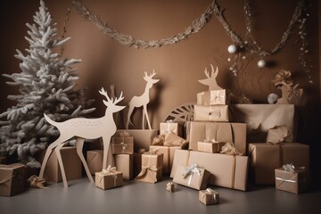 Festive backdrop featuring reindeer and presents. Generative AI