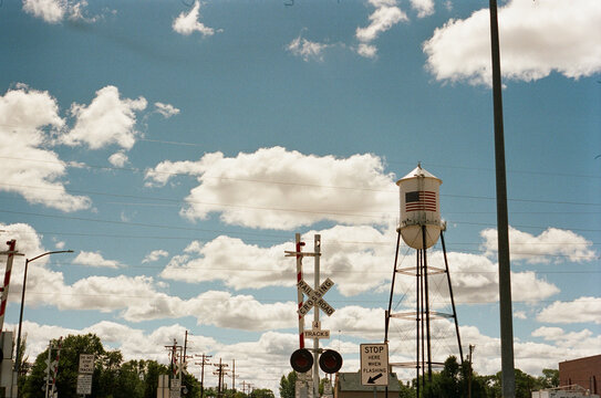 Water tower and railroad crossing in New Mexico