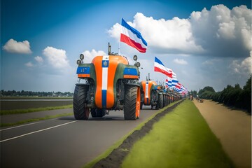 upside down dutch flag futuristic tractors clouds extremely detailed photography extra details hyper real panorama ray tracing depth of field high detail 3D super resolution hd 8k  - obrazy, fototapety, plakaty