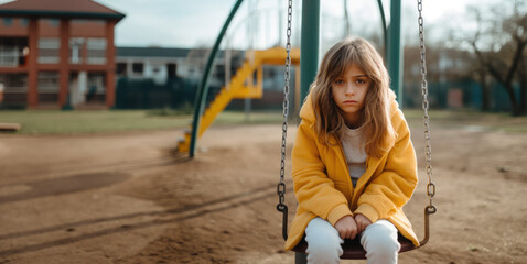 Girl alone sitting on a swing, portrayal of loneliness or social outcast