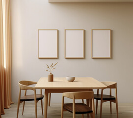 Blank mockup of three empty picture frames, modern dining room setting, Scandinavian design
