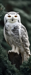 white owl sitting on a spruce branch in the forest