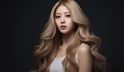 Fototapeta premium Beautiful Asian woman with long hair on a solid background.