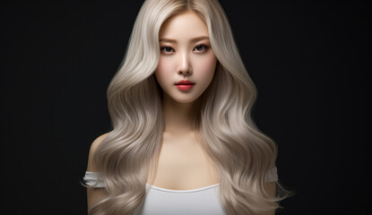 Naklejka premium Beautiful Asian woman with long hair on a solid background.