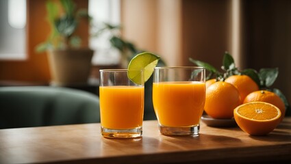 Fototapeta premium Photo of a refreshing glass of orange juice with a vibrant display of fresh oranges 