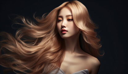 Fototapeta premium Beautiful Asian woman with long hair on a solid background.