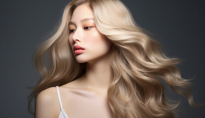 Naklejka premium Beautiful Asian woman with long hair on a solid background.
