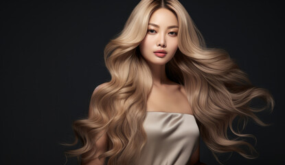 Fototapeta premium Beautiful Asian woman with long hair on a solid background.