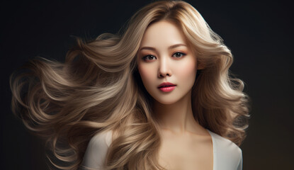 Fototapeta premium Beautiful Asian woman with long hair on a solid background.