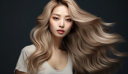 Fototapeta premium Beautiful Asian woman with long hair on a solid background.